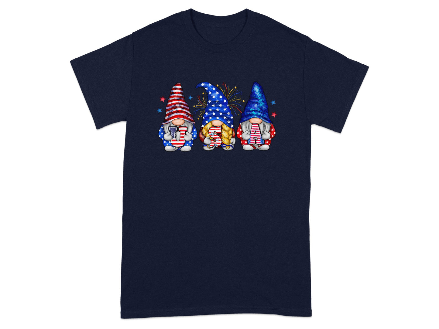 Three patriotic gnomes with American flag designs on a dark blue t-shirt.