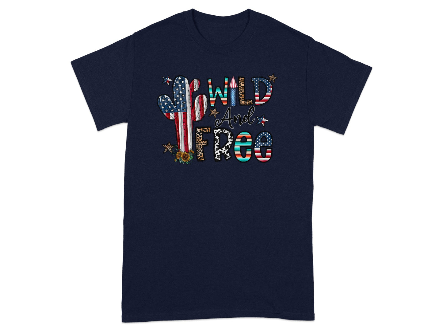 Navy t-shirt with "WILD And FREE" text and patriotic cactus graphic.