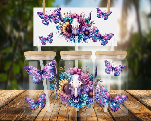 Colorful Floral Skull with Butterflies 16oz UVDTF Glass Can Wrap