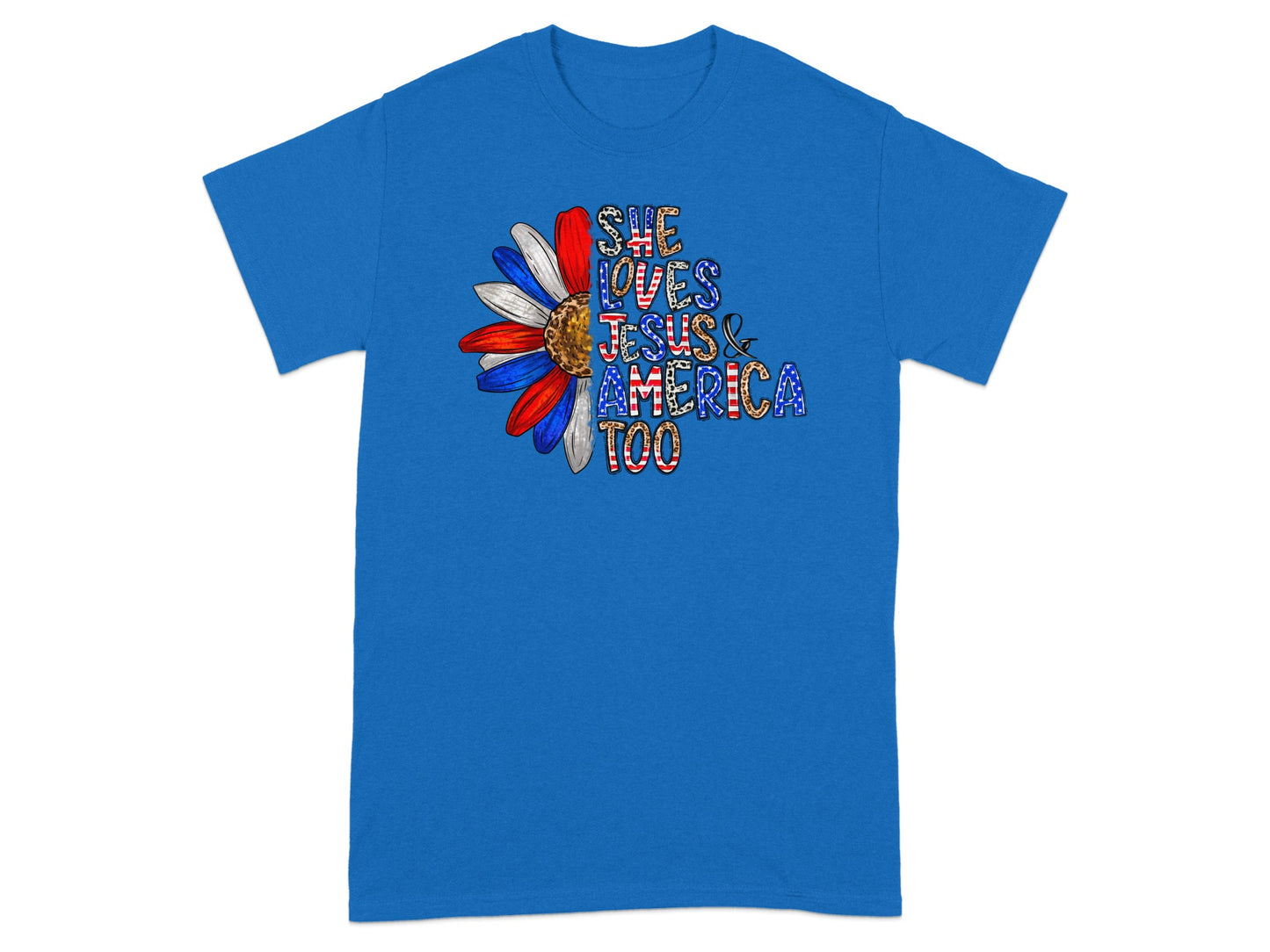 Blue t-shirt with a flower design and text "SHE LOVES JESUS & AMERICA TOO".