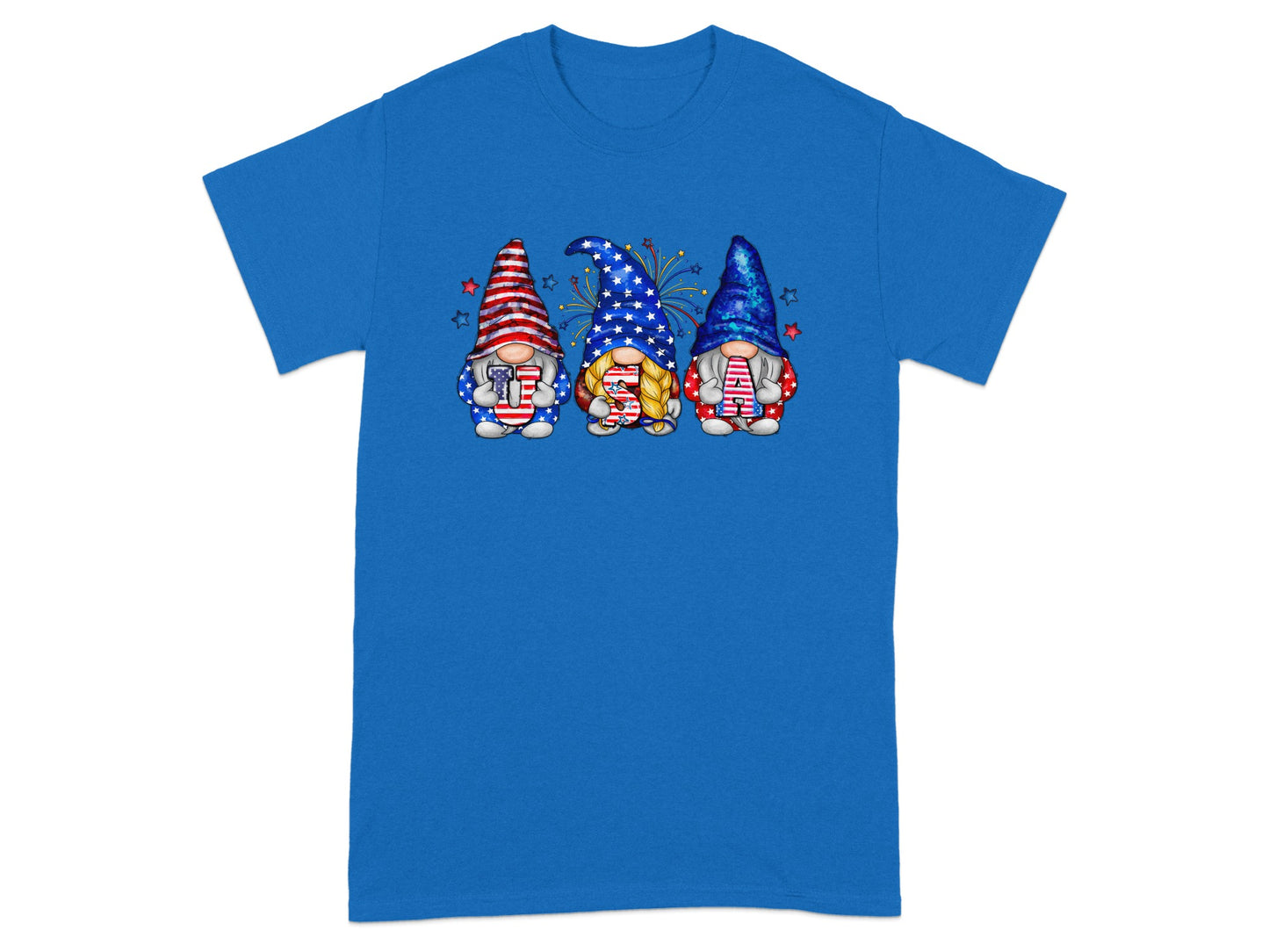 Three gnomes in patriotic attire stand on a blue t-shirt.