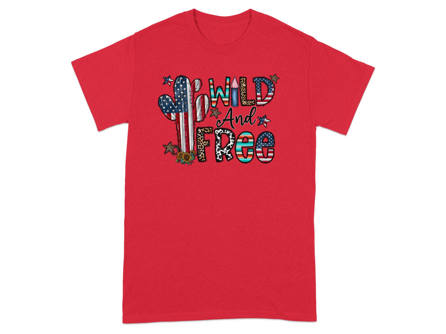 Red t-shirt with cactus and "Wild And Free" text featuring patriotic and animal print patterns.