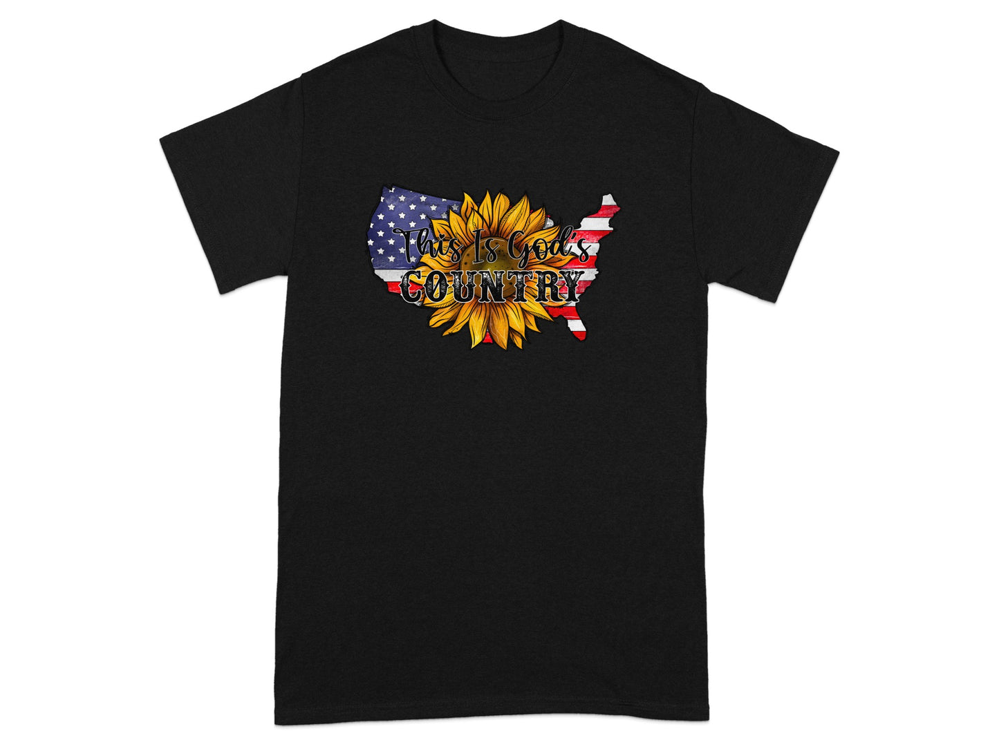Black t-shirt with US map, sunflower, and text "This Is God's Country".