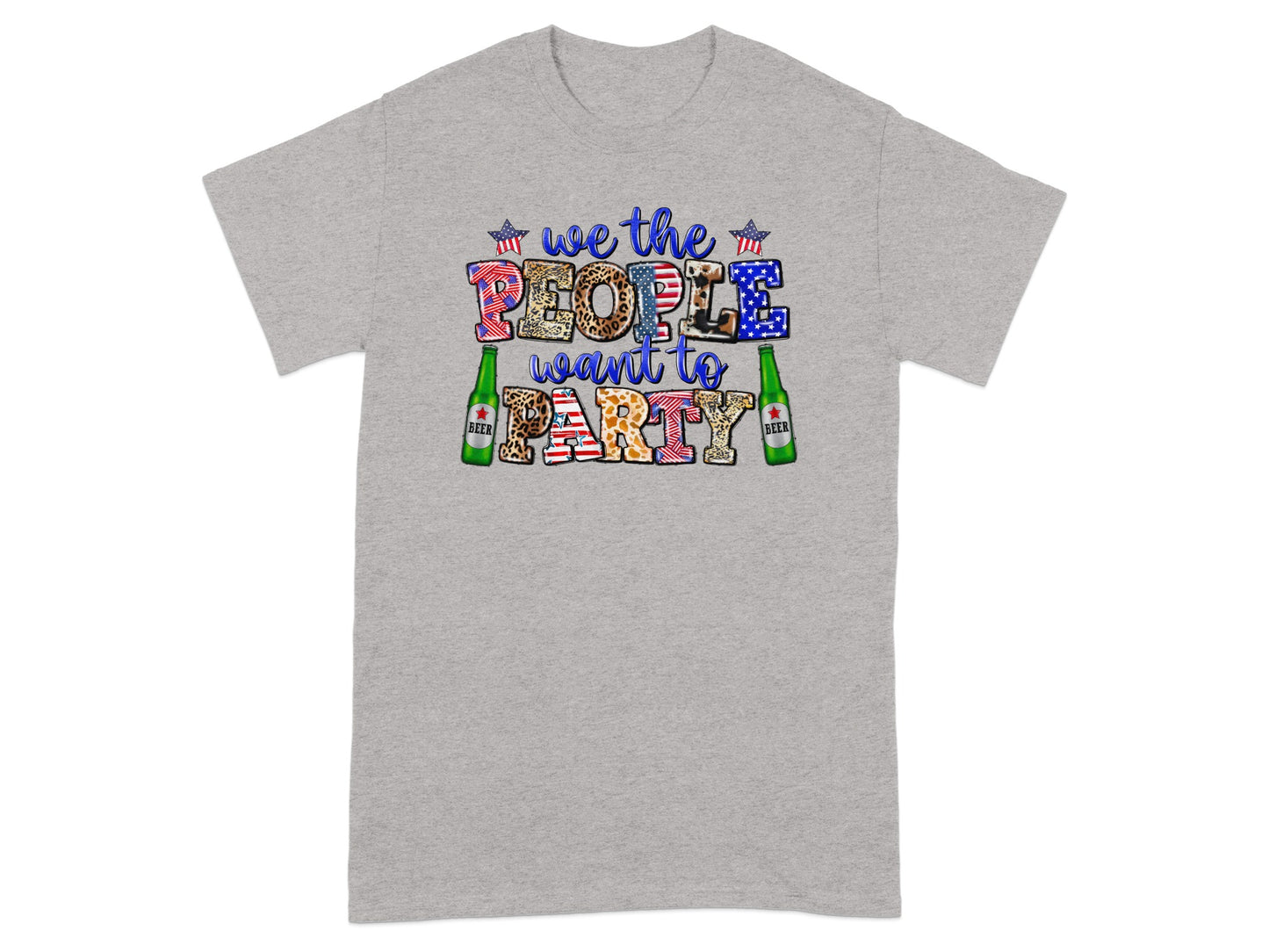Grey t-shirt with text "we the PEOPLE want to PARTY" and two beer bottles.