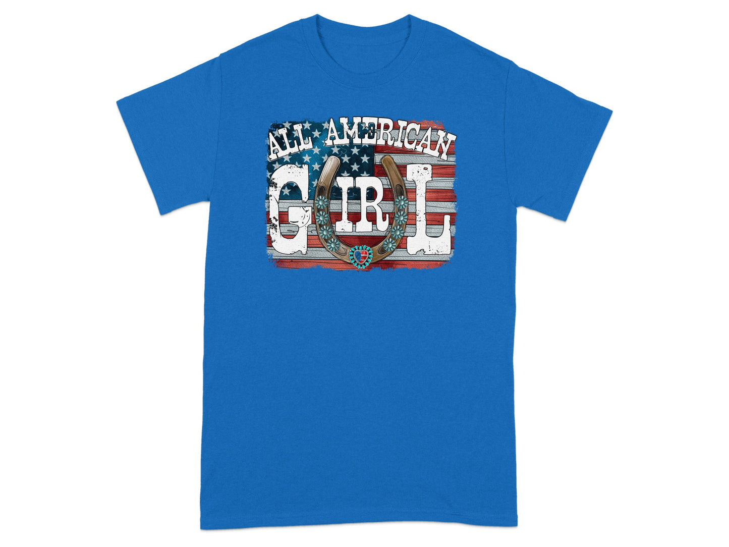 Blue t-shirt with distressed "ALL AMERICAN GIRL" graphic featuring American flag and horseshoe.