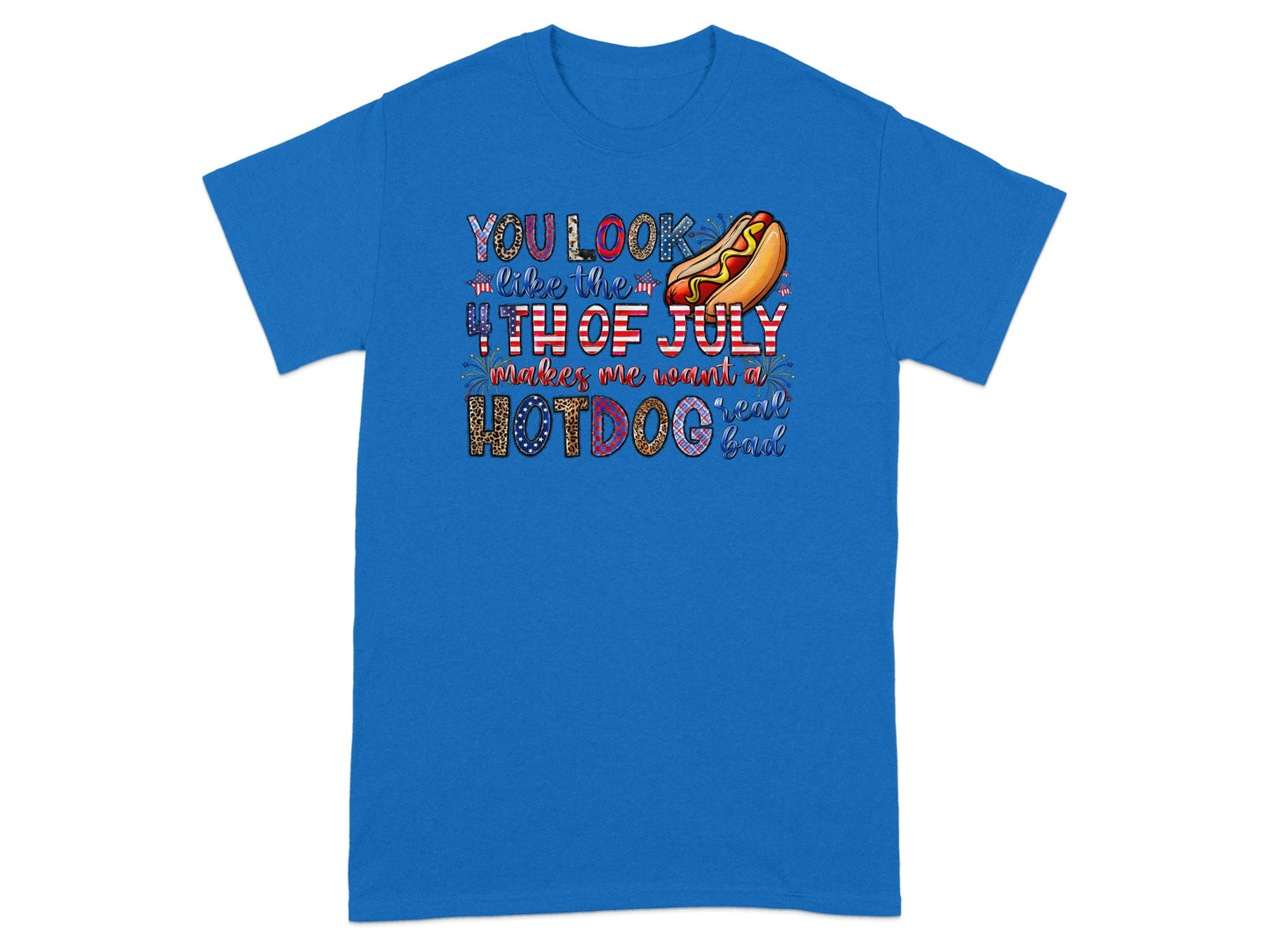 Blue t-shirt with text and hotdog graphic about the 4th of July.