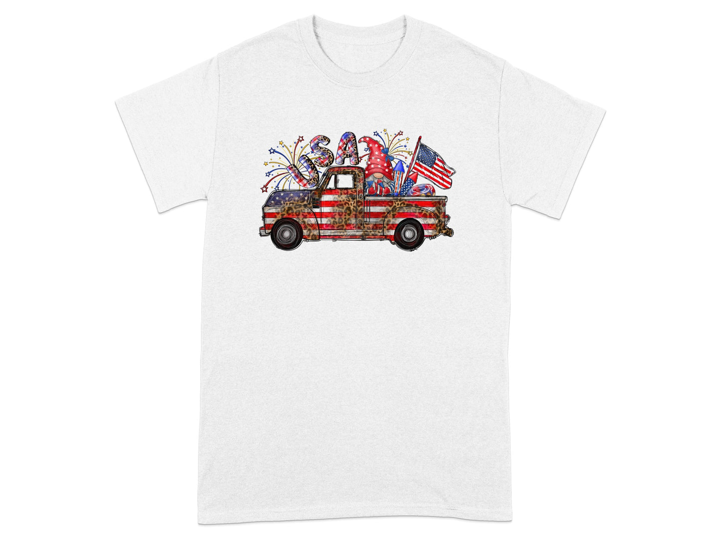 Gnome in American flag truck with USA text and fireworks.