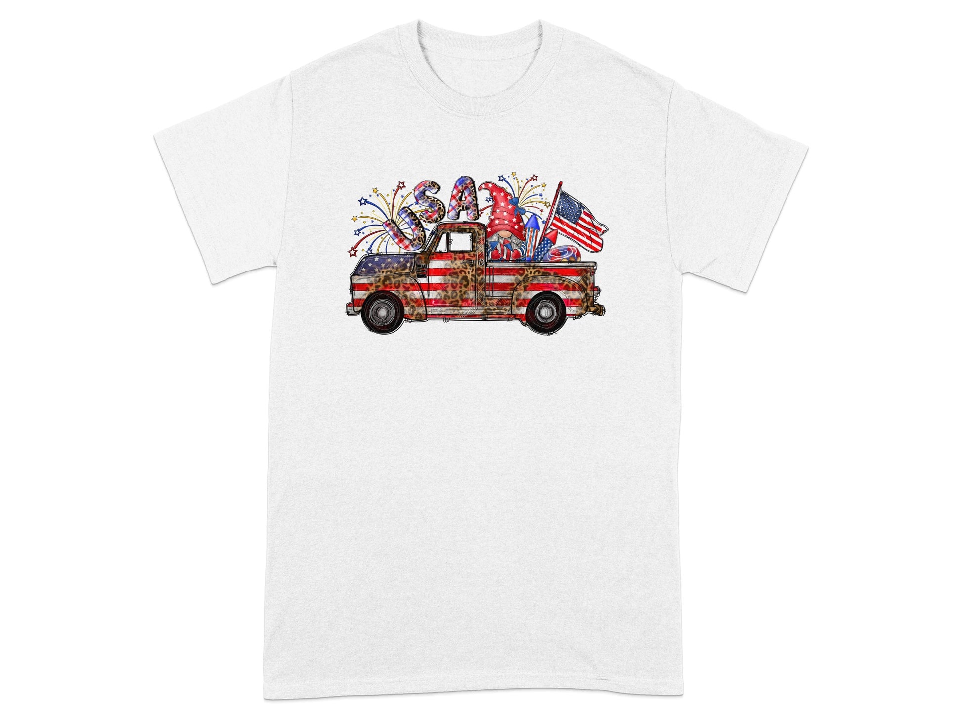 Gnome in American flag truck with USA text and fireworks.