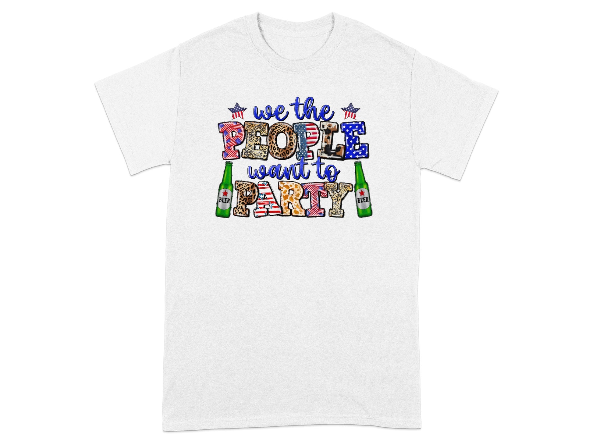 White t-shirt with "we the PEOPLE want to PARTY" text and beer bottles.
