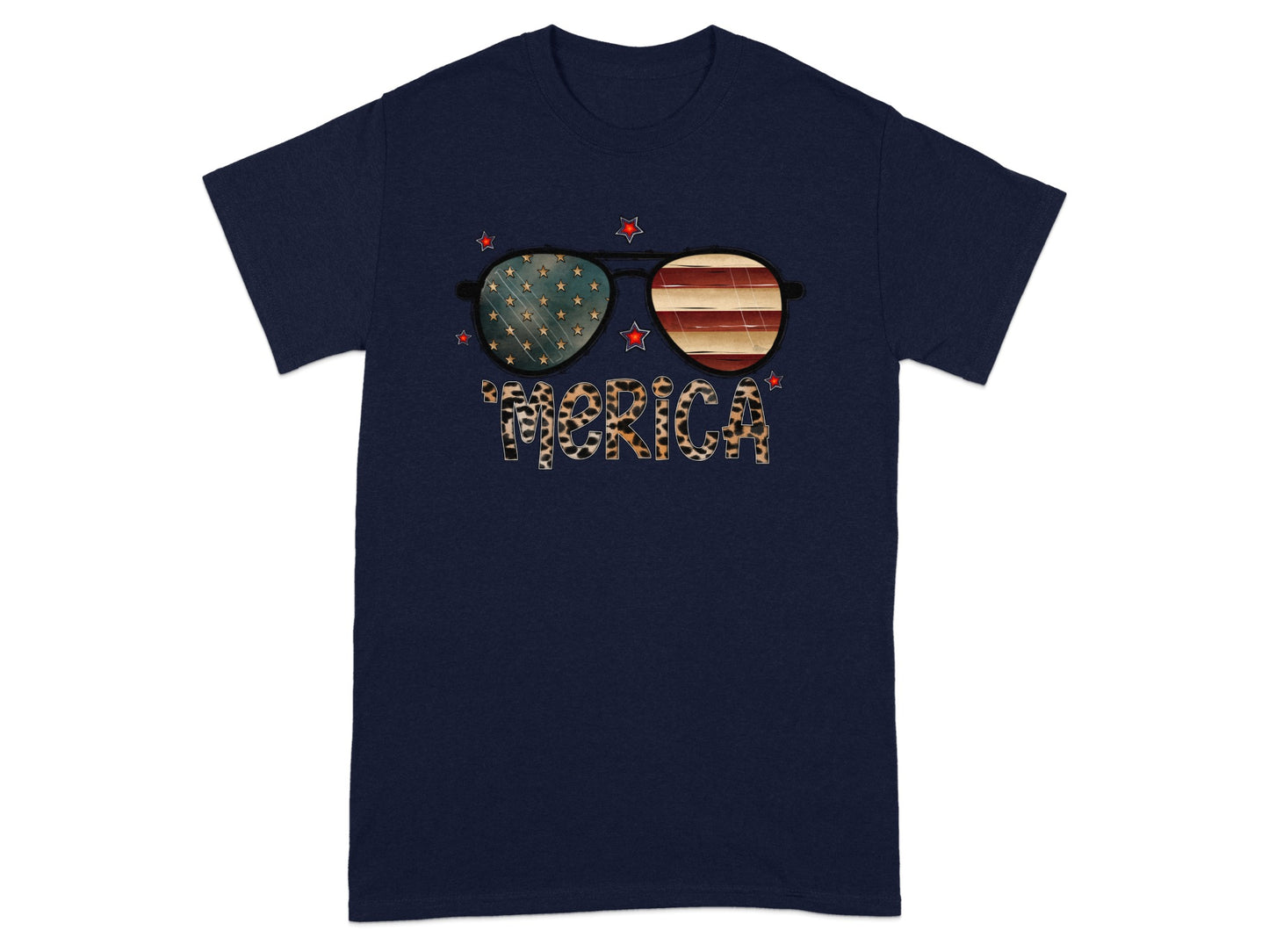 Navy t-shirt with sunglasses featuring American flag lenses and "MERICA" text.