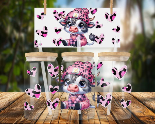 Cute Baby Cow with Hearts 16oz UVDTF Glass Wrap