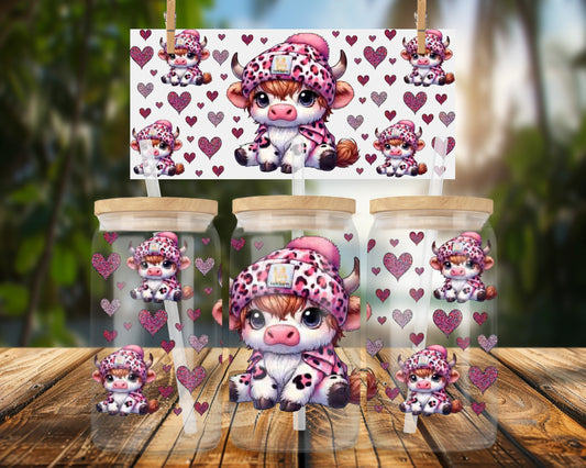 Adorable Cartoon Cow Pink Hearts 16oz UVDTF Glass Wrap