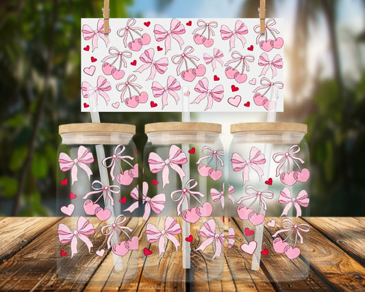 Adorable Pink Bows and Hearts Design 16oz UVDTF Glass Wrap