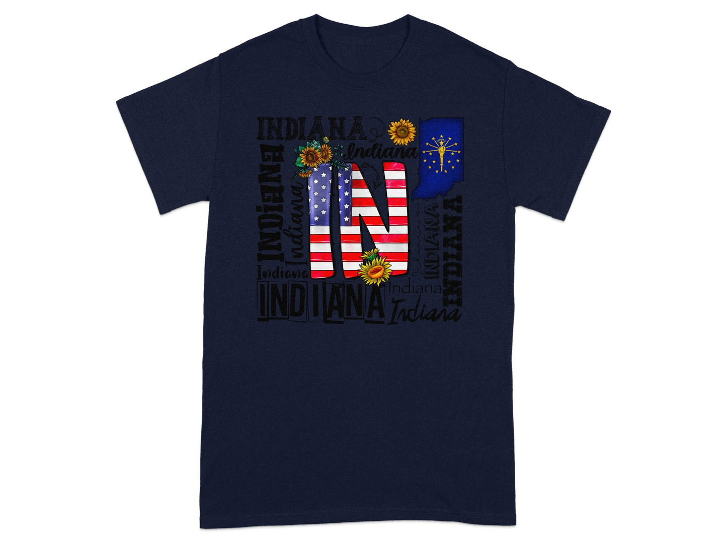 Navy t-shirt with distressed "IN" and Indiana map graphic with sunflowers and American flag.