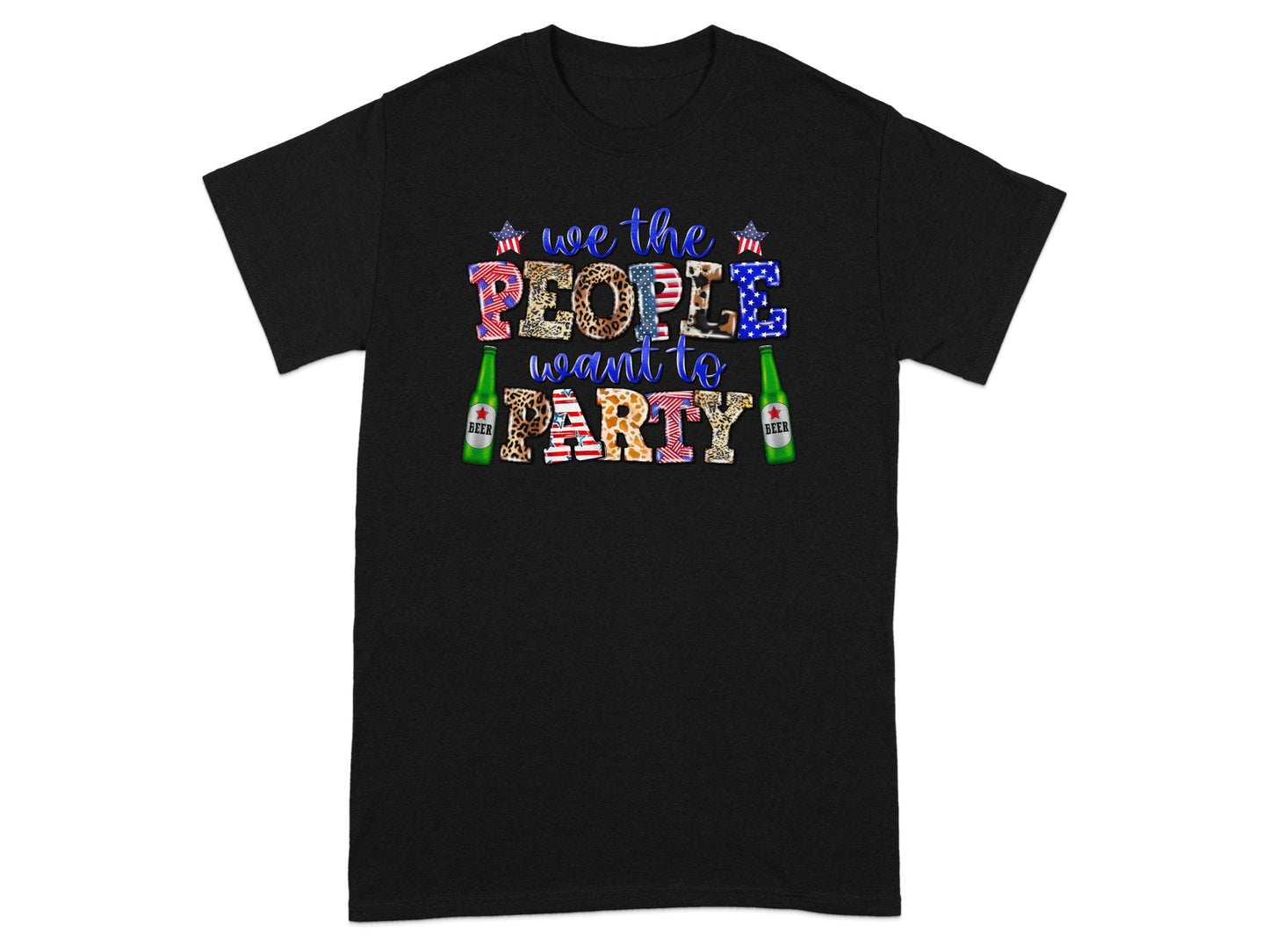 Black t-shirt with text "we the PEOPLE want to PARTY" and beer bottles.