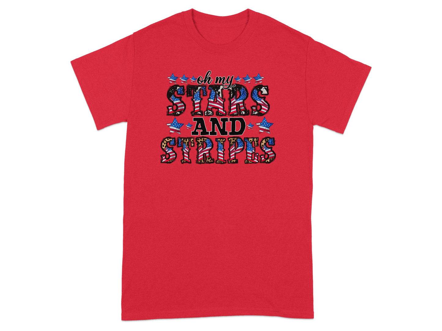 Red t-shirt with "oh my STARS AND STRIPES" text featuring American flag and leopard print.