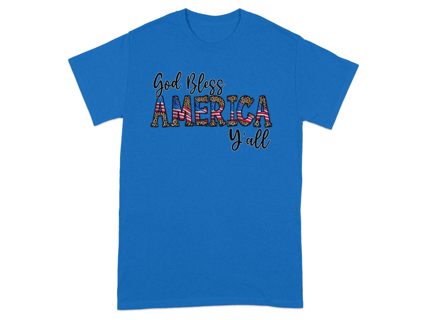 Blue t-shirt with "God Bless AMERICA y'all" text featuring American flag and leopard print.