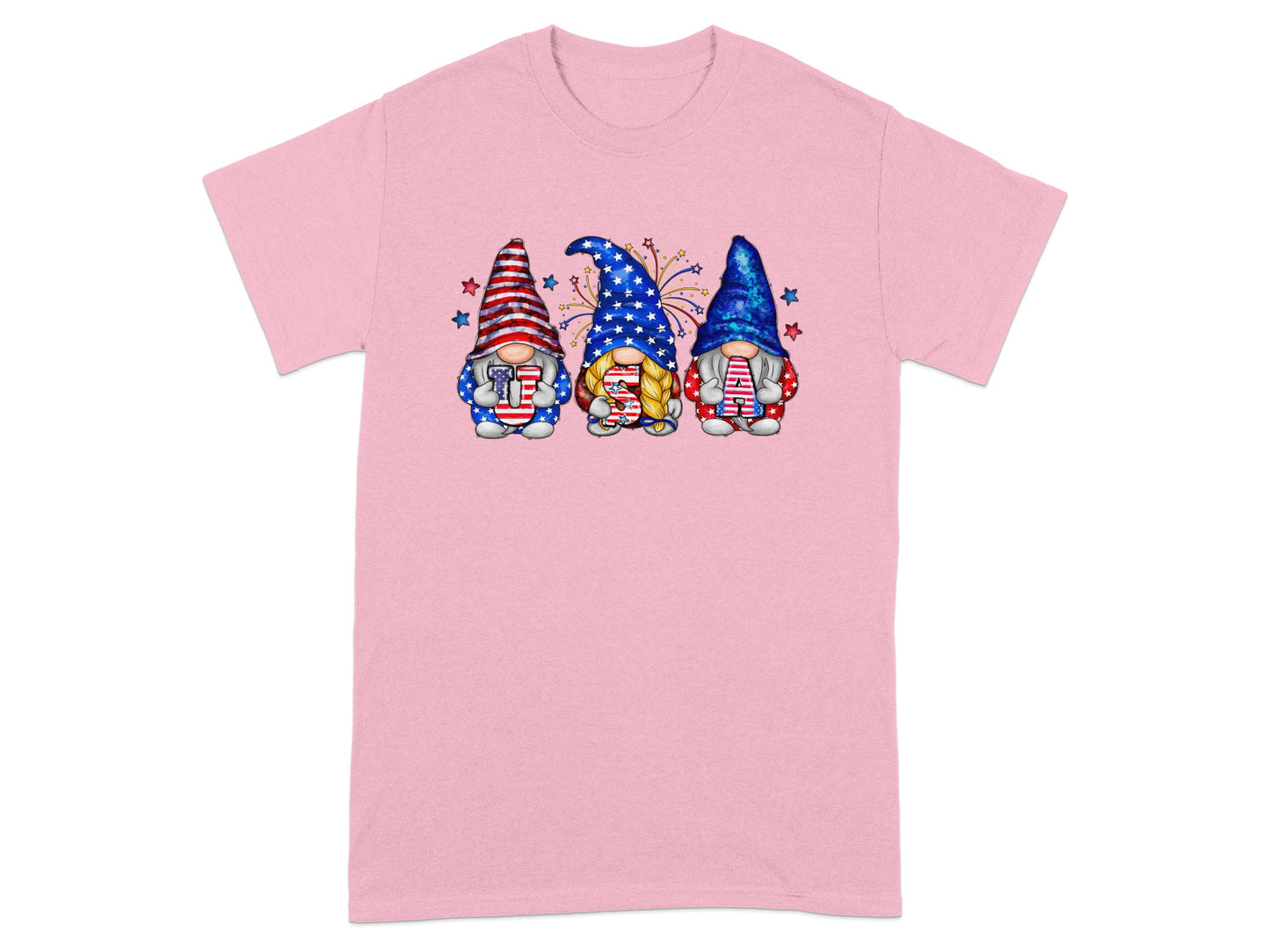 Three gnomes with American flag patterns and "USA" text on a pink t-shirt.