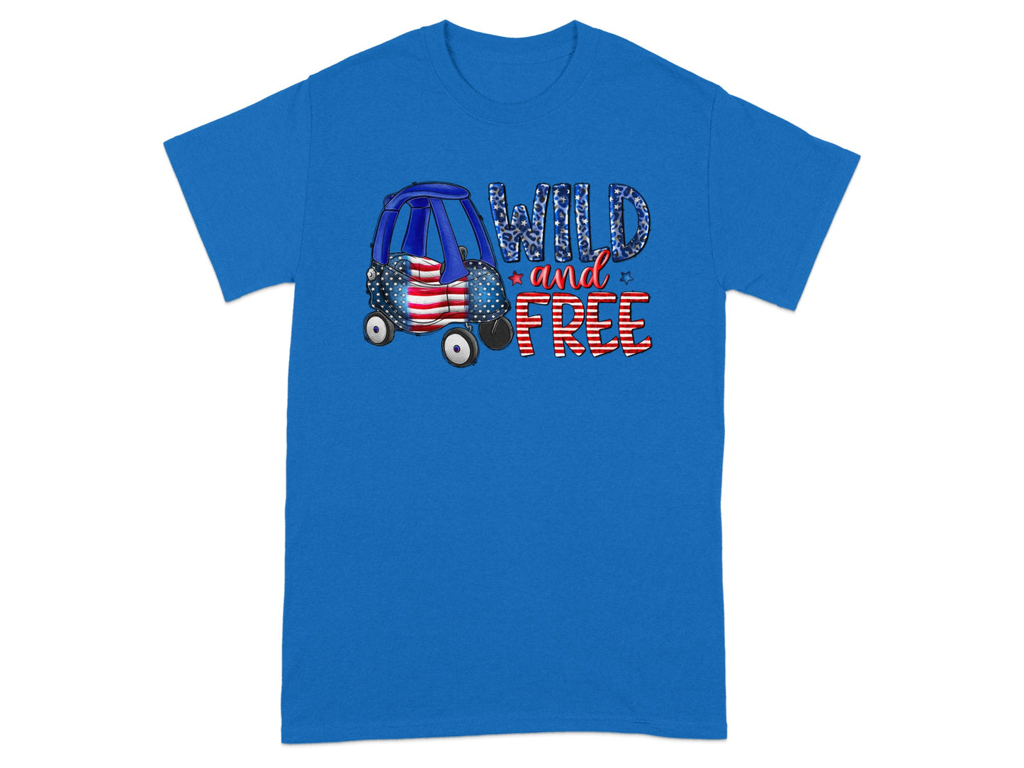 Blue t-shirt with a toy car and the words "WILD and FREE".