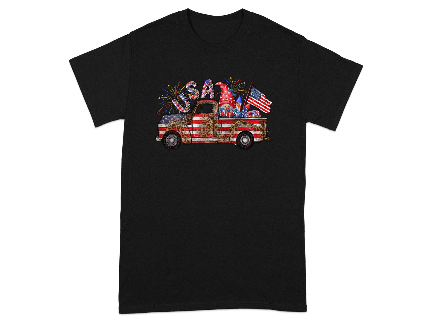 Truck graphic with "USA" text, gnome, American flag, and fireworks on a black t-shirt.