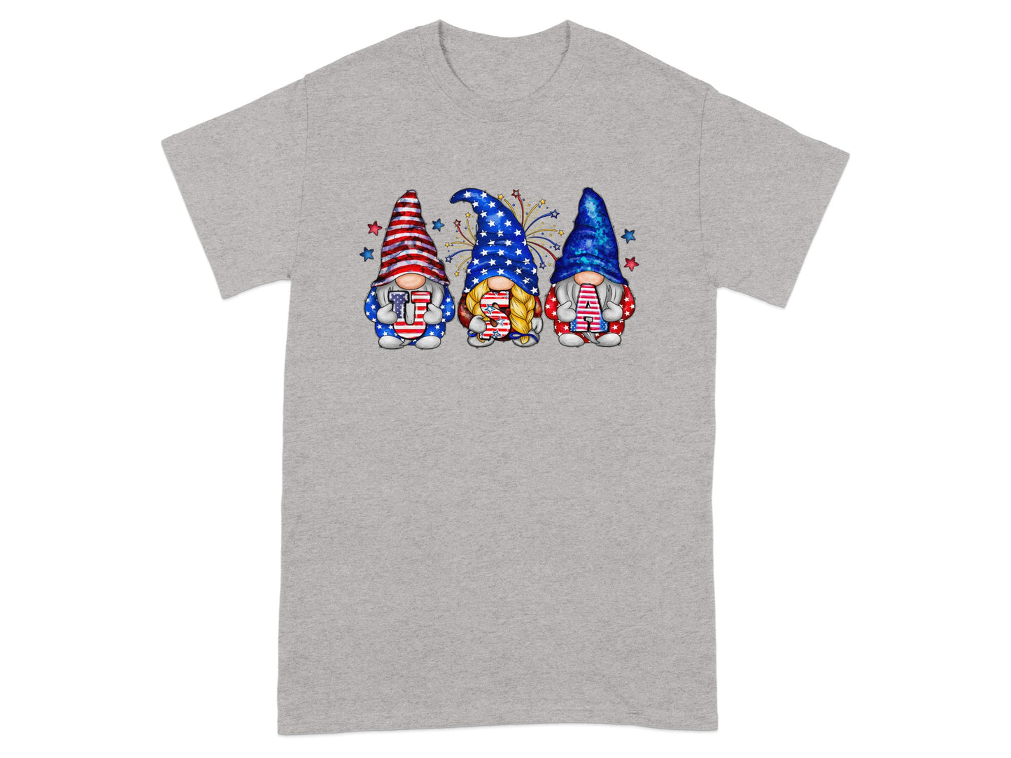Three gnomes in patriotic attire, featuring US flag designs and firework accents.