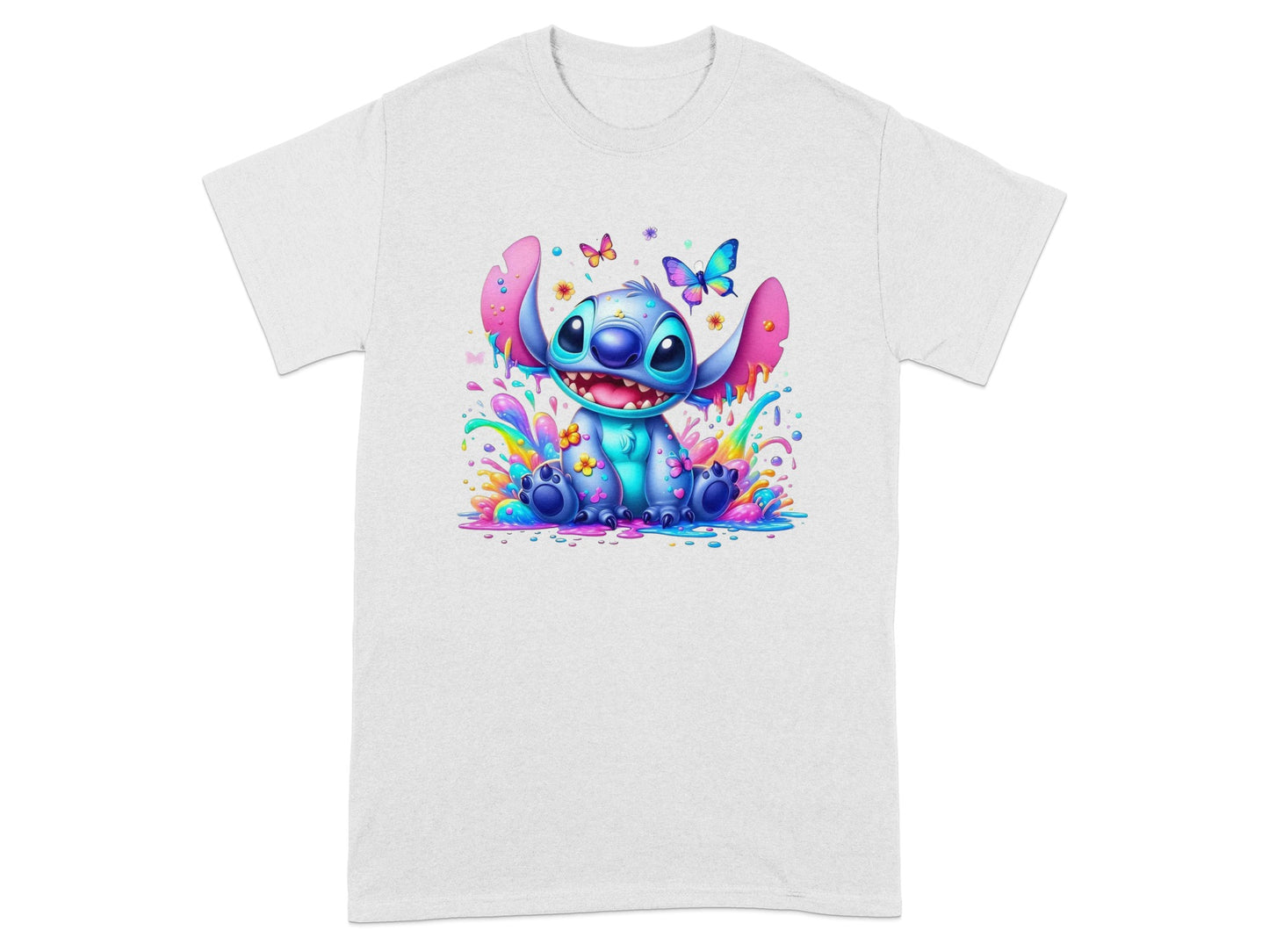 Blue Stitch character with colorful paint splashes and butterflies on a white t-shirt.