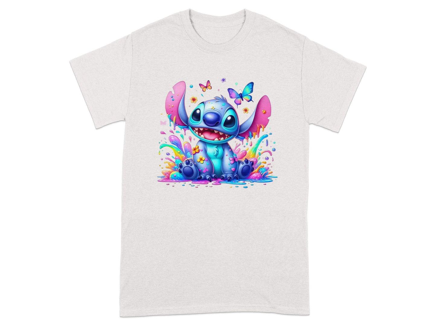 Blue cartoon character with colorful paint splashes and butterflies on a t-shirt.