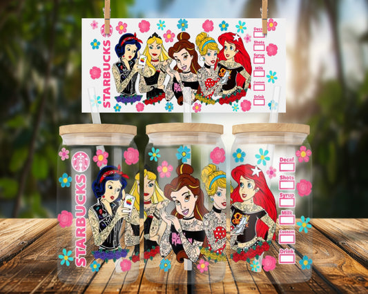 Princesses Starbucks Tattoo 16oz UVDTF Glass Can Wrap