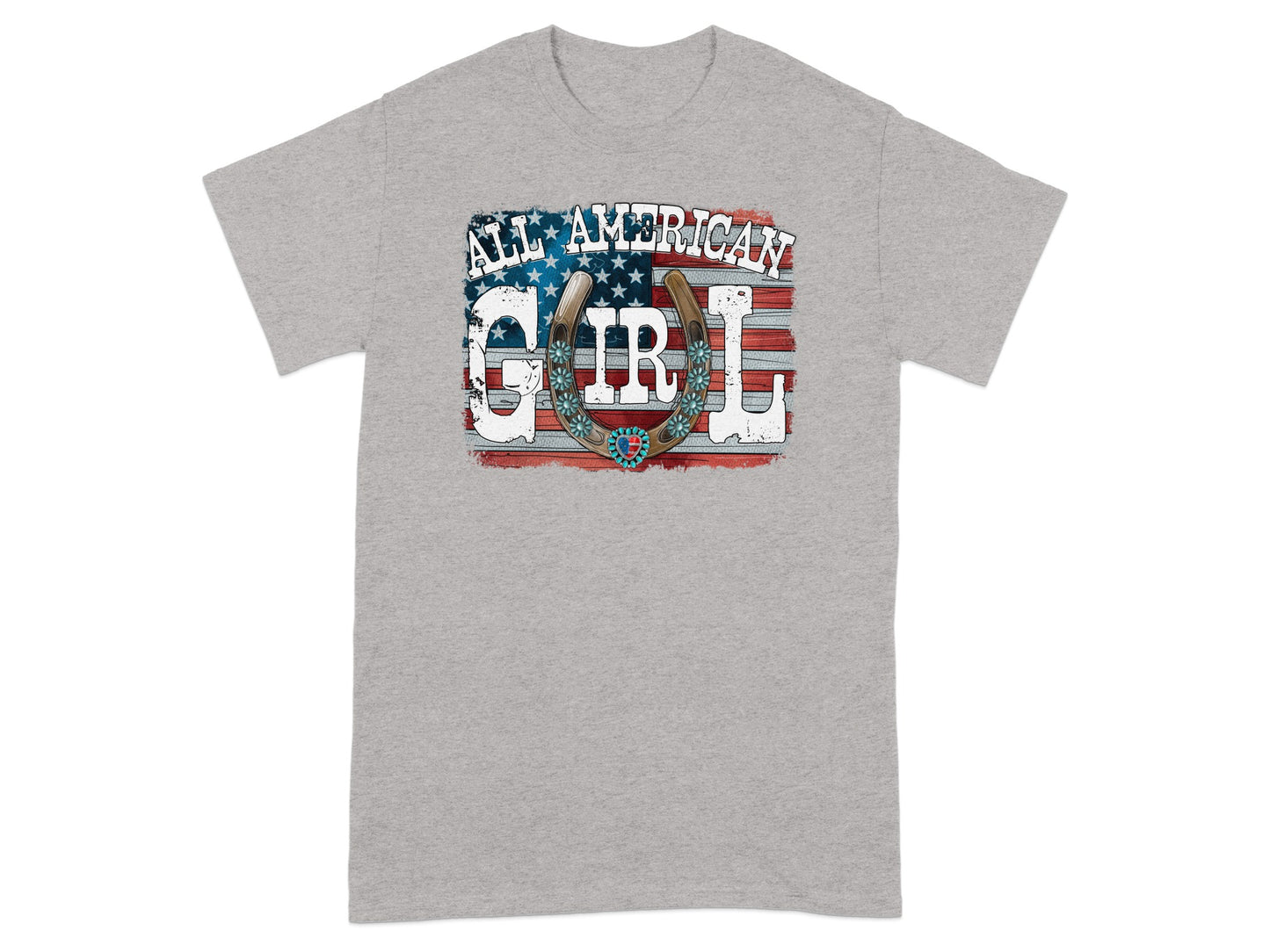 Grey t-shirt with "All American Girl" text over an American flag and horseshoe graphic.