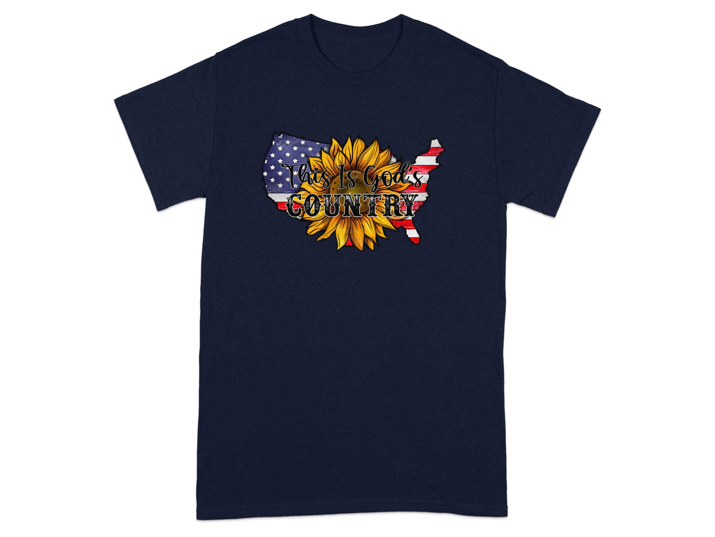 Navy t-shirt with USA map outline, sunflower, and text "This Is God's Country".