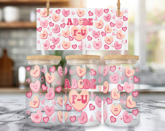 16oz Glass can featuring ABCDE F-U Pink Heart Lettering Design