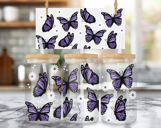 Purple Butterfly 16oz Glass Can