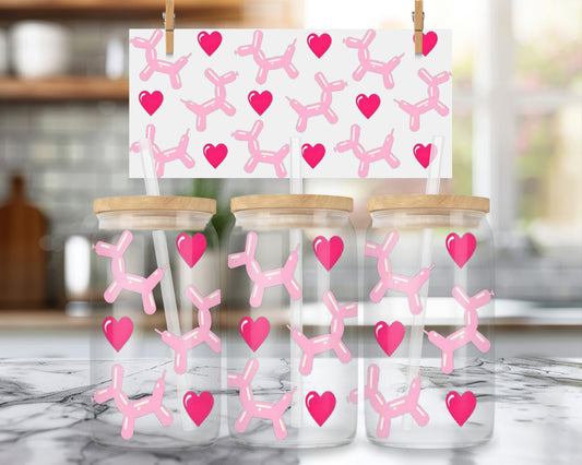 16oz Pink Balloon Dog and Red Heart Design Glass Can