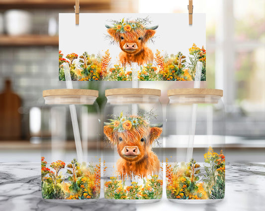 16oz Rustic Highland Cow Glass Can