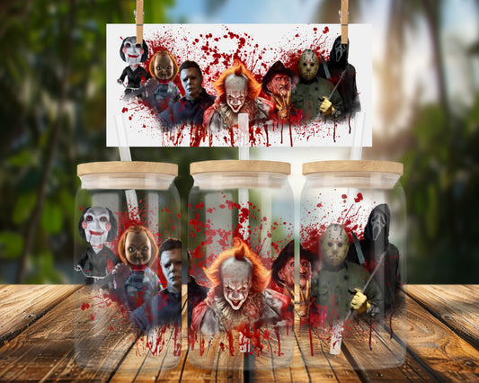 Horror Movie Characters Blood Splatter Design 16oz UVDTF Glass Wrap
