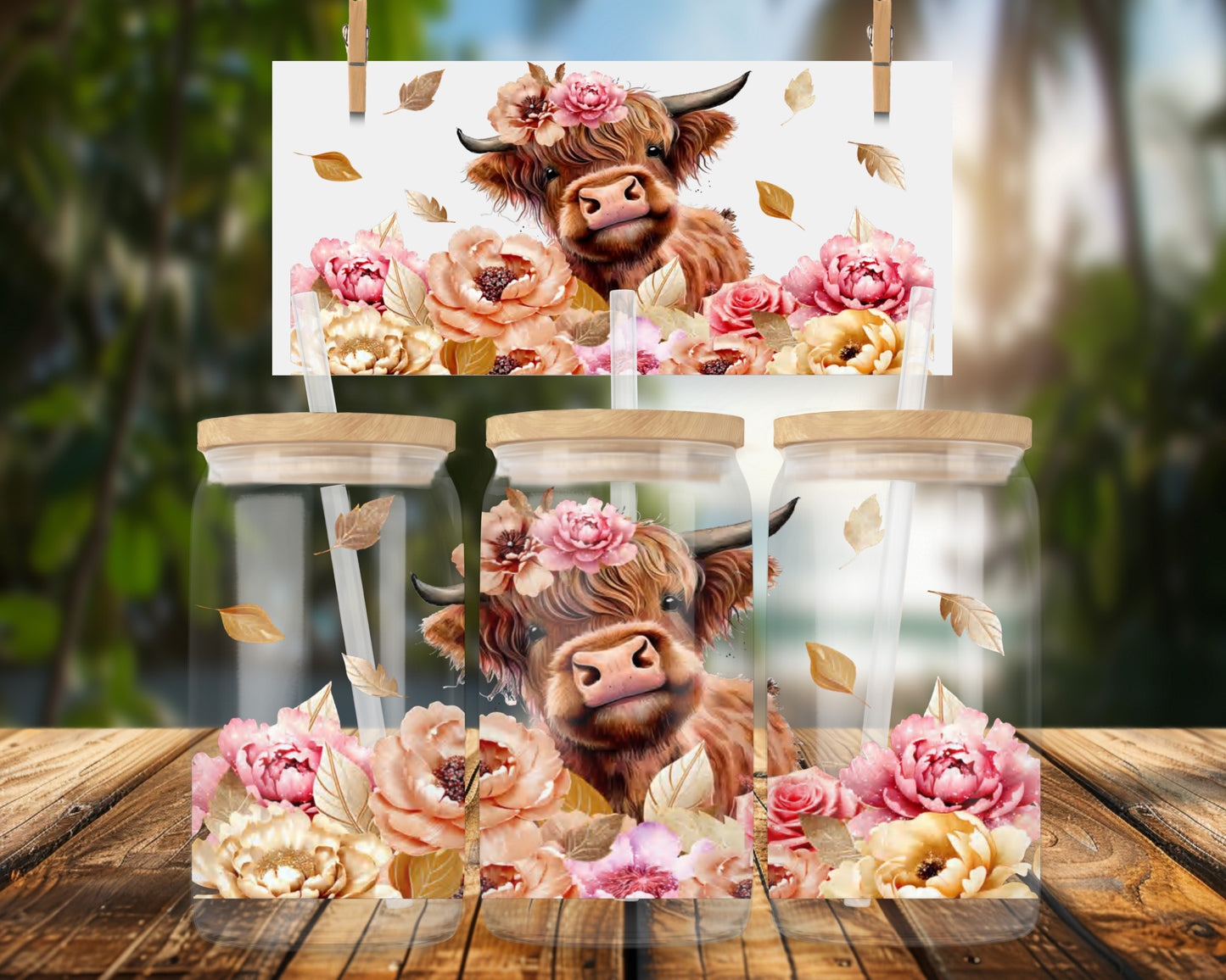 Cute Highland Cow with Floral 16oz UVDTF Glass Wrap