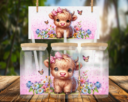 Cute Baby Highland Cow with Pink Bow Butterflies 16oz UVDTF Glass Wrap