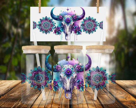 Colorful Bull Skull Floral Mandala Art 16oz UVDTF Glass Wrap