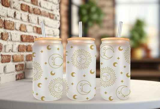 16oz Libbey Glass Can with Cosmic Print of Sun and Moon
