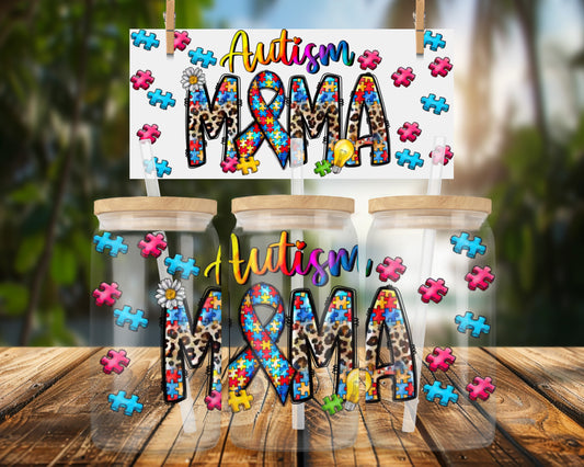 Vibrant Autism Awareness MAMA Design 16oz Glass Can Wrap