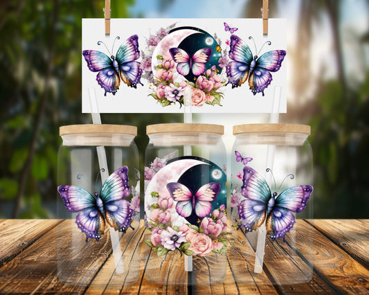 Whimsical Butterfly Moon Floral Design 16oz Glass Can Wrap