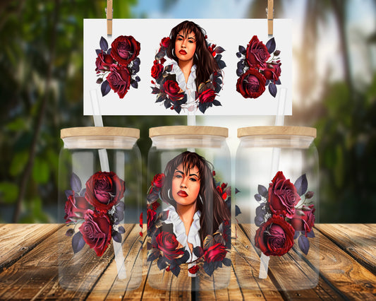 Striking Portrait of a Woman Surrounded by Red Roses 16oz Glass Can Wrap