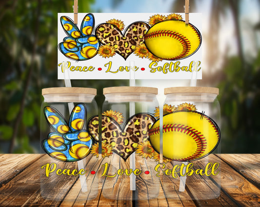 Vibrant Design Peace Love Softball 16oz Glass Can Wrap