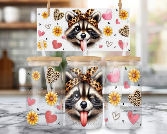 16oz Cute Winking Raccoon Glass Can