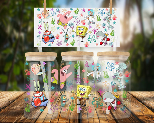 Colorful SpongeBob SquarePants Characters 16oz Glass Can Wrap
