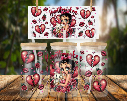 Heartbroken Girl and Heart Design 16oz Glass Can Wrap