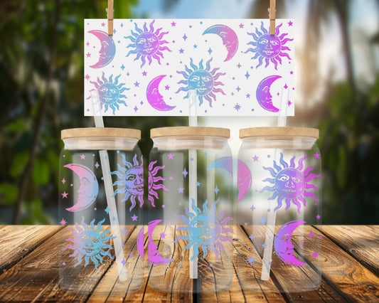 Mystical Sun and Moon Design 16oz Glass Can Wrap
