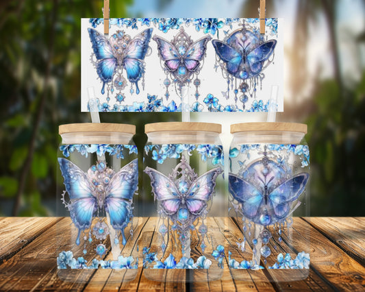 Elegant Butterfly Blues 16oz Glass Can Wrap