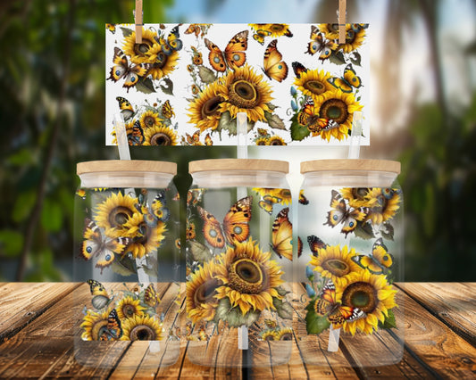 Vibrant Sunflowers and Butterflies 16oz Glass Can Wrap