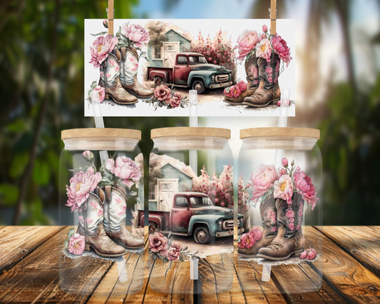 Vintage Truck with Floral Boots 16oz Glass Can Wrap